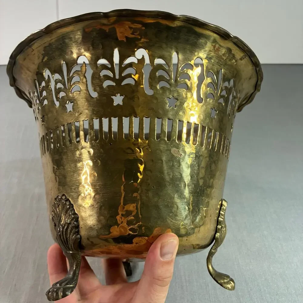 Vintage Solid Brass Planter Cachepot Jardiniere Pierced Footed Made In India